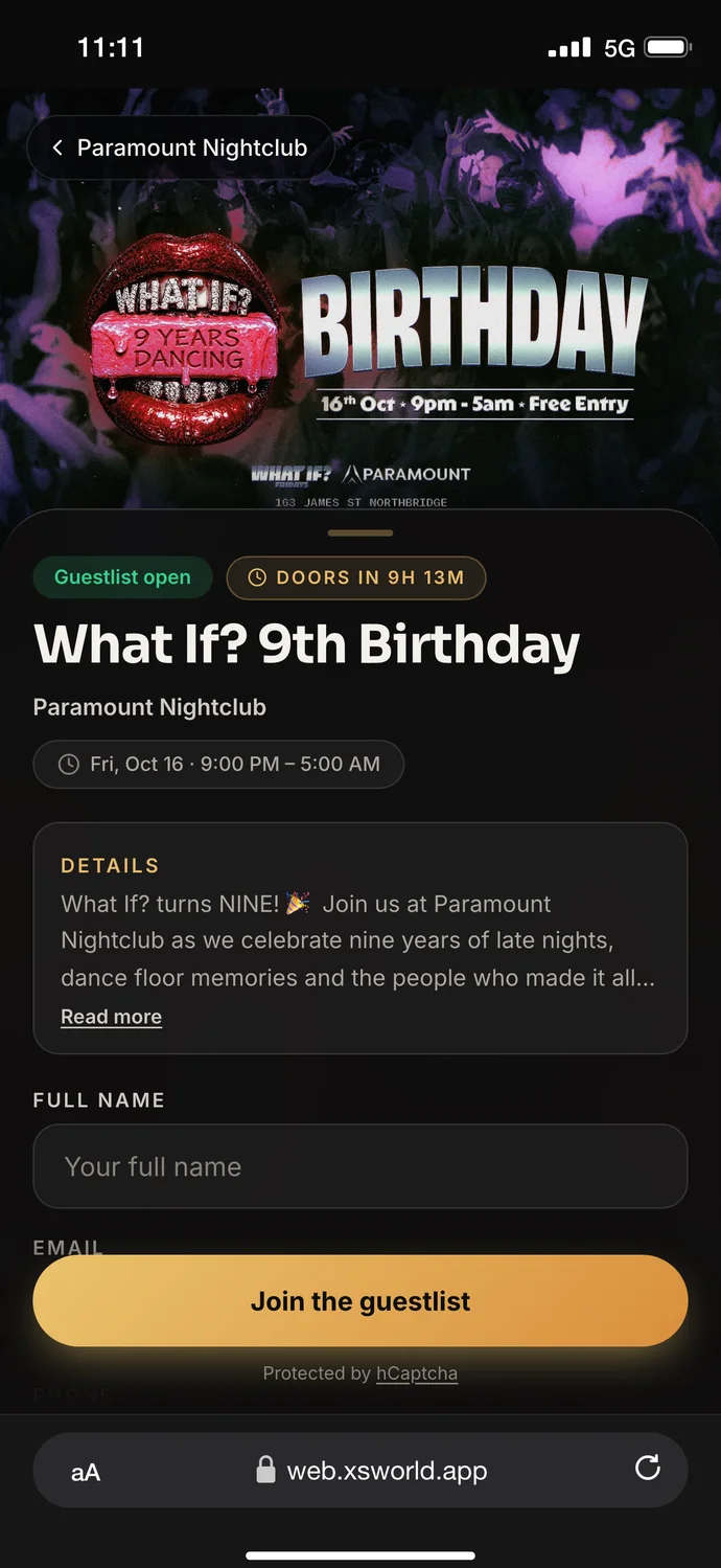 The XS World guestlist webapp open in Safari on an iPhone, showing the What If? 9th Birthday event