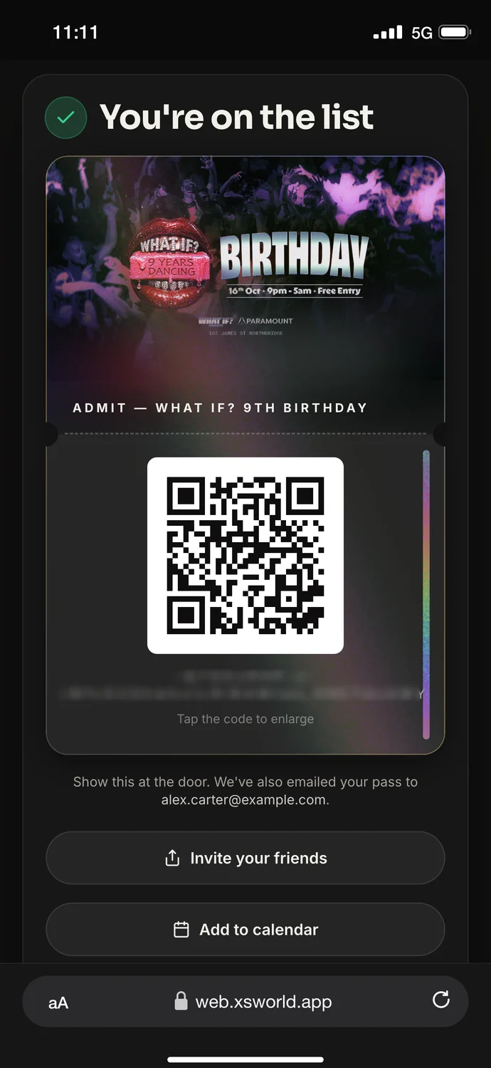 The guestlist pass confirming the guest is on the list