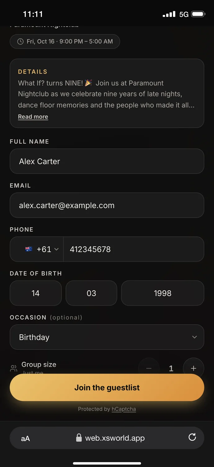 The guestlist form filled in for a guest named Alex Carter