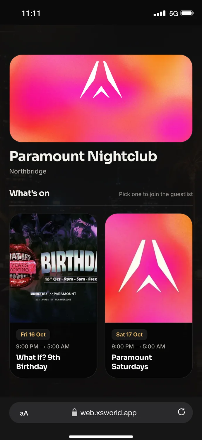 The webapp venue page for Paramount Nightclub, listing upcoming nights